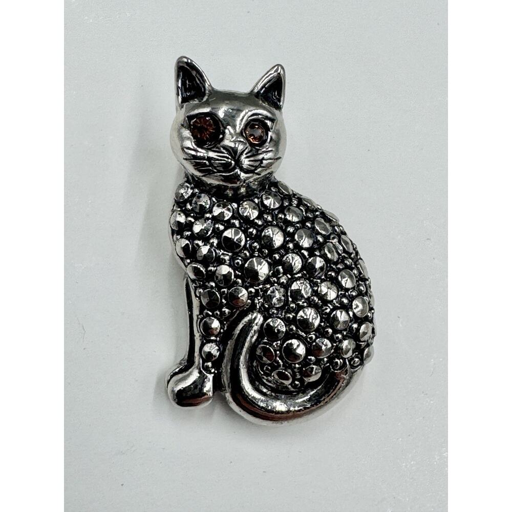 Vintage‎ Avon Kitty Cat Silver Colored Brooch Lapel Pin Rhinestone Eyes